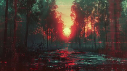 A forest with a red sun in the sky. The trees are green and the ground is wet