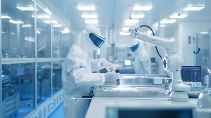 Two technicians in cleanroom suits working with advanced technology