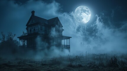 A creepy house with a foggy yard and a full moon in the background. The atmosphere is eerie and unsettling