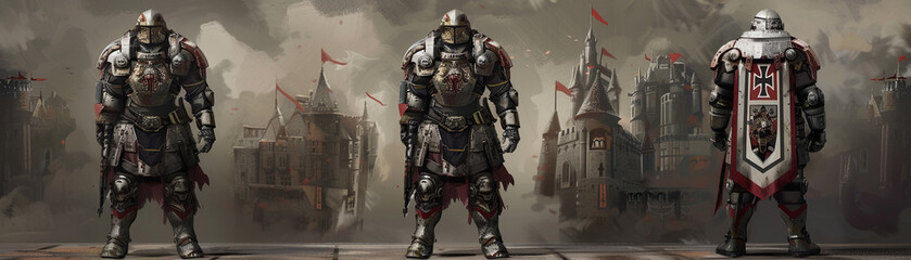 Character sheet concept image for a futuristic knight, with detailed armor, heraldry, and a castle backdrophyper realistic, low noise, low texture, futuristic style - obrazy, fototapety, plakaty