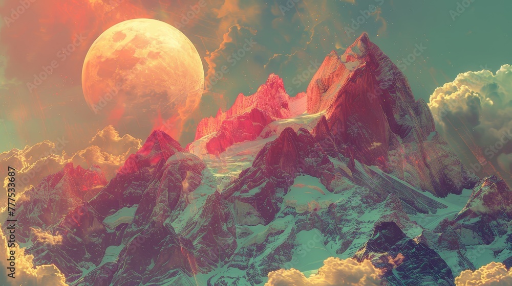 Aufkleber a mountain range with a large red moon in the sky. the sky is filled with clouds and the mountains a