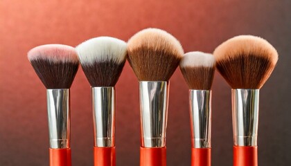 Makeup brushes set in row. Professional makeup tools on pastel red background. Set of glamour make up brushes.