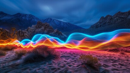 Naklejka premium A colorful, glowing line of light is projected across a desert landscape. The line of light is bright and vibrant, creating a sense of energy and excitement. The desert landscape is vast and empty
