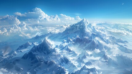 A mountain range covered in snow and clouds. The sky is blue and the sun is shining