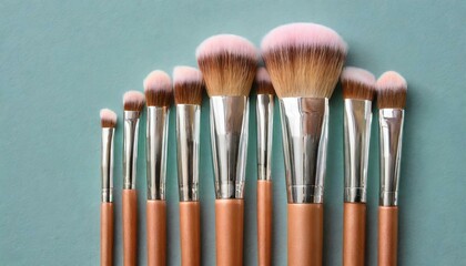 Makeup brushes set in row. Professional makeup tools on pastel blue background. Set of glamour make up brushes