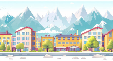 Cartoon flat style illustration of a modern town with mountains in the background, houses and buildings on the street, Generative AI