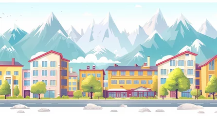 Papier Peint photo Lavable Montagnes Cartoon flat style illustration of a modern town with mountains in the background, houses and buildings on the street, Generative AI