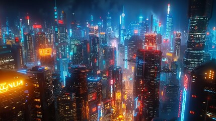 A cityscape with neon lights and tall buildings. The city is lit up at night, creating a vibrant and energetic atmosphere. The neon lights and tall buildings give the impression of a futuristic city
