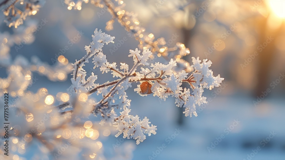 Poster a branch covered in snow and ice with a small object on it. the image has a serene and peaceful mood