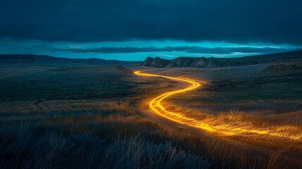 Illuminated winding road through a twilight grassland with a dramatic sky