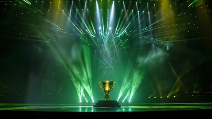 an image of a prestigious green and gold trophy cup displayed on a stage, where the surrounding lights create an aura of celebration and achievement attractive look