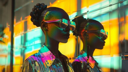 Obraz premium A woman is wearing a colorful outfit and sunglasses. She is standing in front of a mirror, and the reflection of her outfit is also visible in the mirror. The image has a vibrant and colorful mood