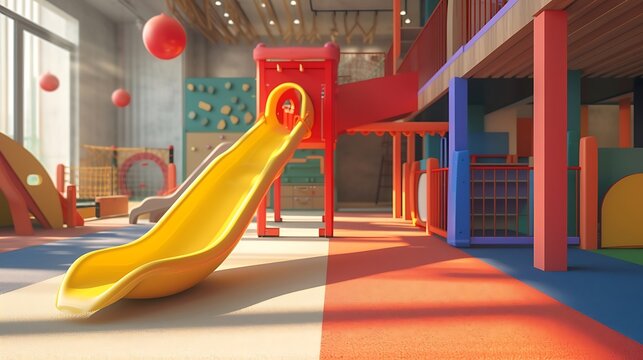 AI image of a modern indoor children's playground featuring a colorful indoor slide in a kindergarten area, with ample copy space for adding text or design attractive look