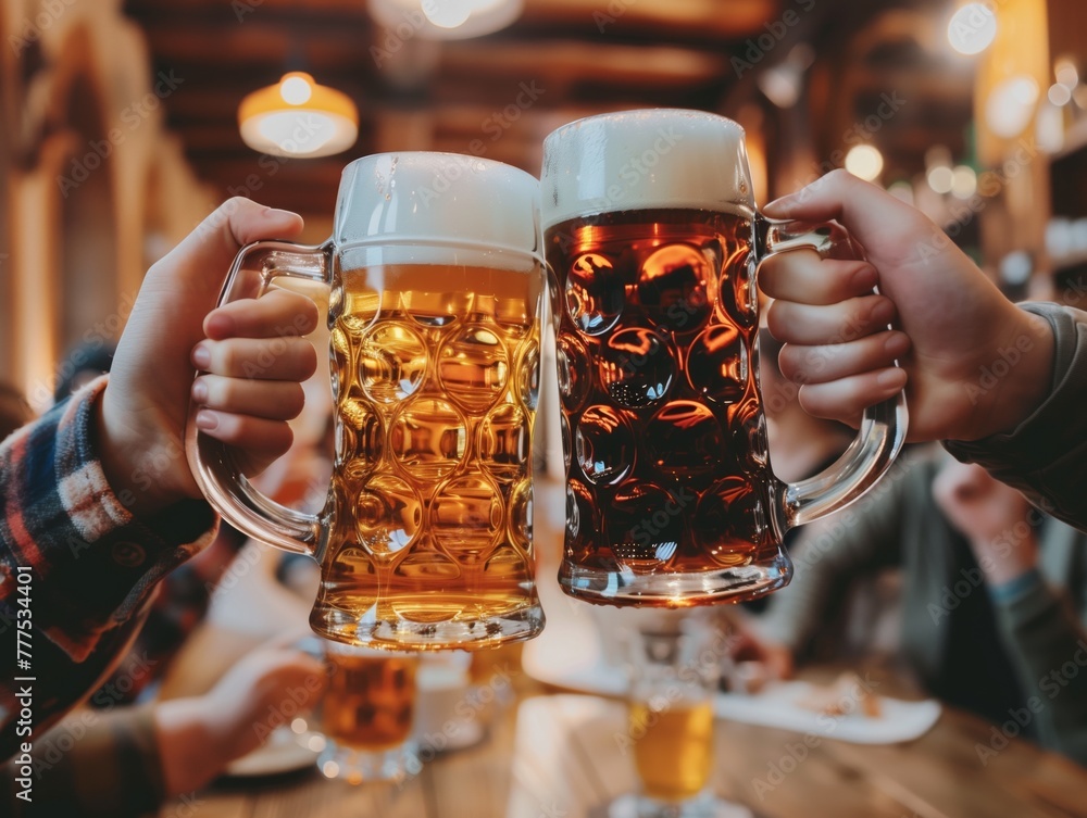 Wall mural Two people toasting with full mugs of beer in a cozy pub setting