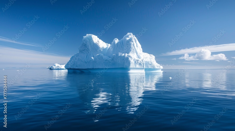 Poster a large ice block floating in the ocean. the water is calm and blue