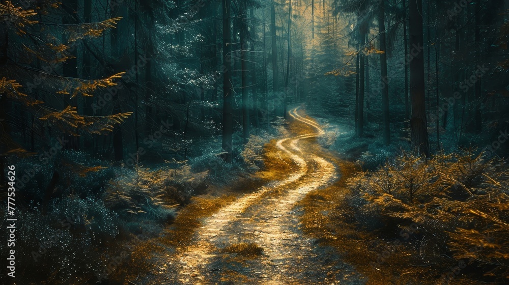 Poster a forest path with a yellow line on it