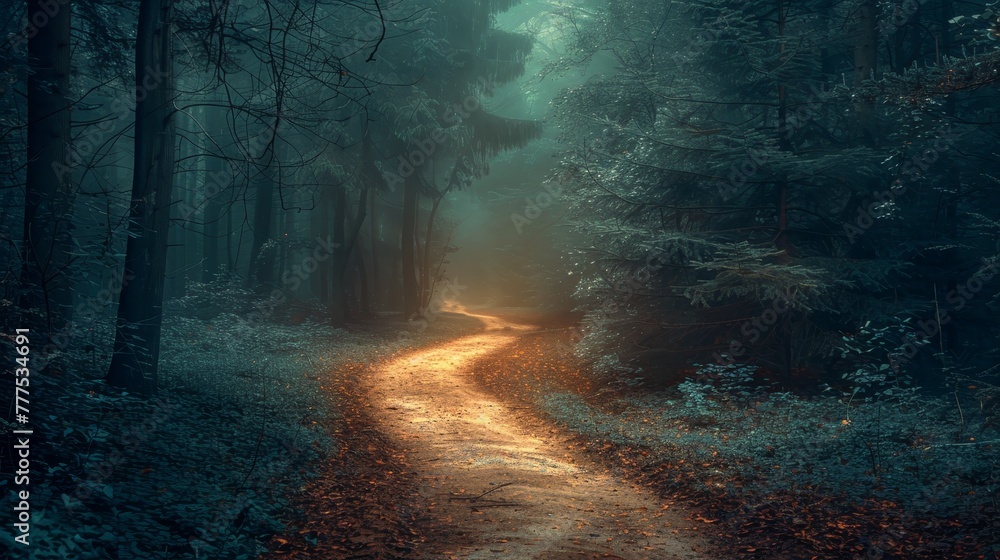 Poster a forest path is lit by the sun, creating a warm and inviting atmosphere. the trees are tall and den