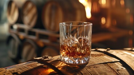 Glass of whiskey on the rocks on an oak barrel in a distillery - obrazy, fototapety, plakaty