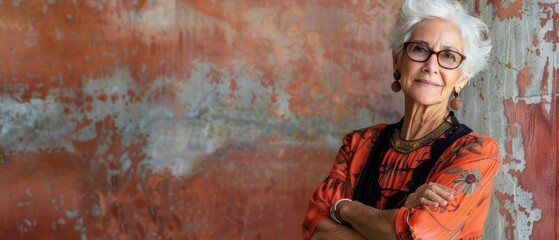 Woman with crossed arms, smiling, seated by a wall in a portrait