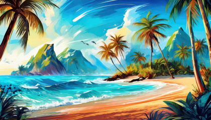 Vibrant illustration of a tropical paradise with sandy beach, palm trees and turquoise water. - obrazy, fototapety, plakaty