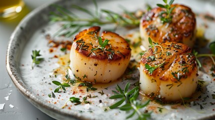 Seared scallops with herbs on a ceramic plate, close-up view.