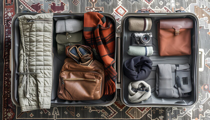 Open suitcase with travelling accessories and winter clothes on carpet, top view