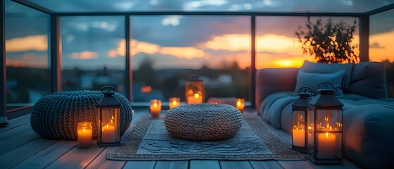Cozy Bohemian Balcony Retreat with Lanterns, Candles, and Relaxing Seating. Concept Bohemian Style