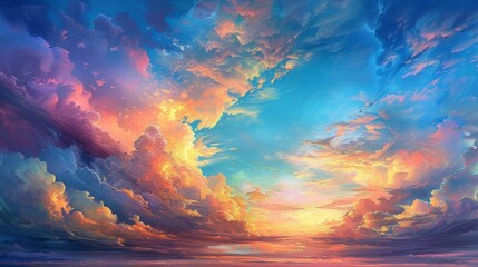 A beautiful sky with a mix of colors and clouds. The sky is filled with a sense of wonder and awe, as if it is a painting come to life. The colors are vibrant and the clouds are fluffy - obrazy, fototapety, plakaty
