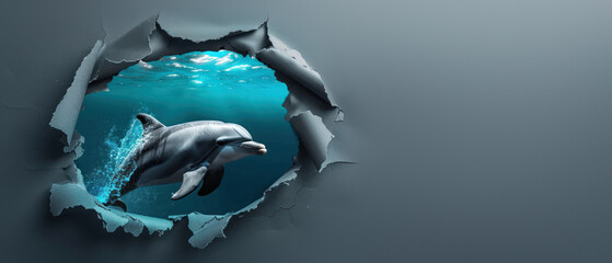 Artistic representation of a dolphin leaping from dark into light, capturing the essence of discovery and adventure