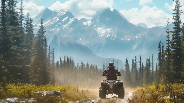Person riding an ATV in a forest with scenic mountain backdrop