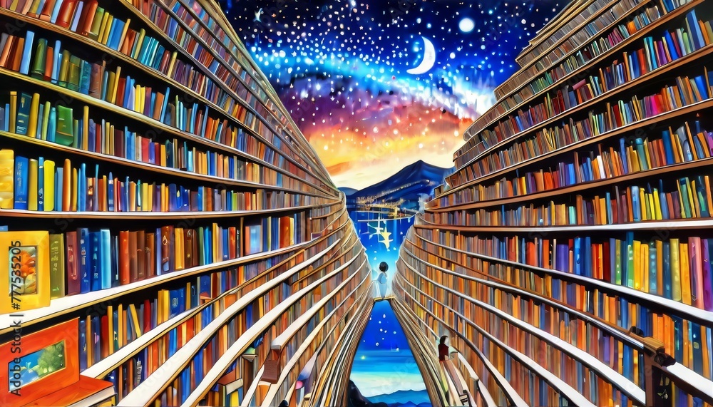Poster a surreal library vortex opening into a cosmic sky, blending the boundary between knowledge and the 