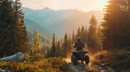 ATV rider enjoying a sunset trail ride in a mountainous forest landscape
