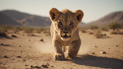 A lion cub walks along a deserted path, his gaze directed directly at the camera.
Concept: conservation and protection of animals, big cats. savannah, travel