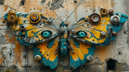 A butterfly made of metal and other objects. The butterfly has a blue body and yellow wings. The butterfly has a metallic look and is surrounded by graffiti