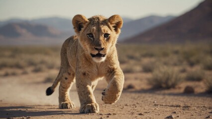 A lion cub walks along a deserted path, his gaze directed directly at the camera.
Concept: conservation and protection of animals, big cats. savannah, travel - obrazy, fototapety, plakaty