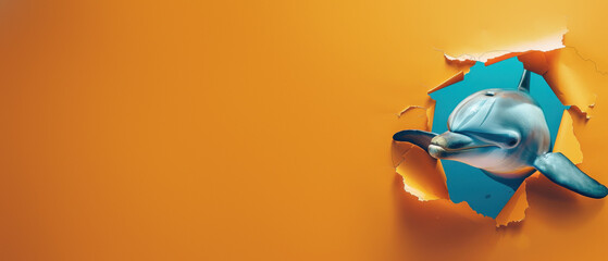 Dolphin emerging from vibrant orange paper demonstrates fun and artistic flair