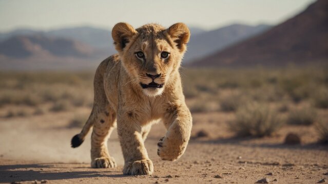 A lion cub walks along a deserted path, his gaze directed directly at the camera.
Concept: conservation and protection of animals, big cats. savannah, travel