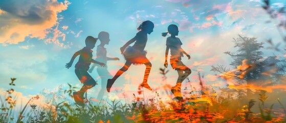 Concept for World Environment Day. Dual exposure of kids jumping and playing on a meadow and natural background - obrazy, fototapety, plakaty