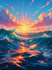 Sunshine. The sound of the sea, like a rhythm. Dreaming hearts, twinkling twilight. Big waves. Anime bright illustration.