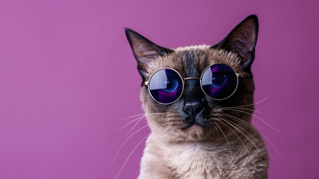 Sphinx cat in trendy sunglasses mystery against a deep purple canvas