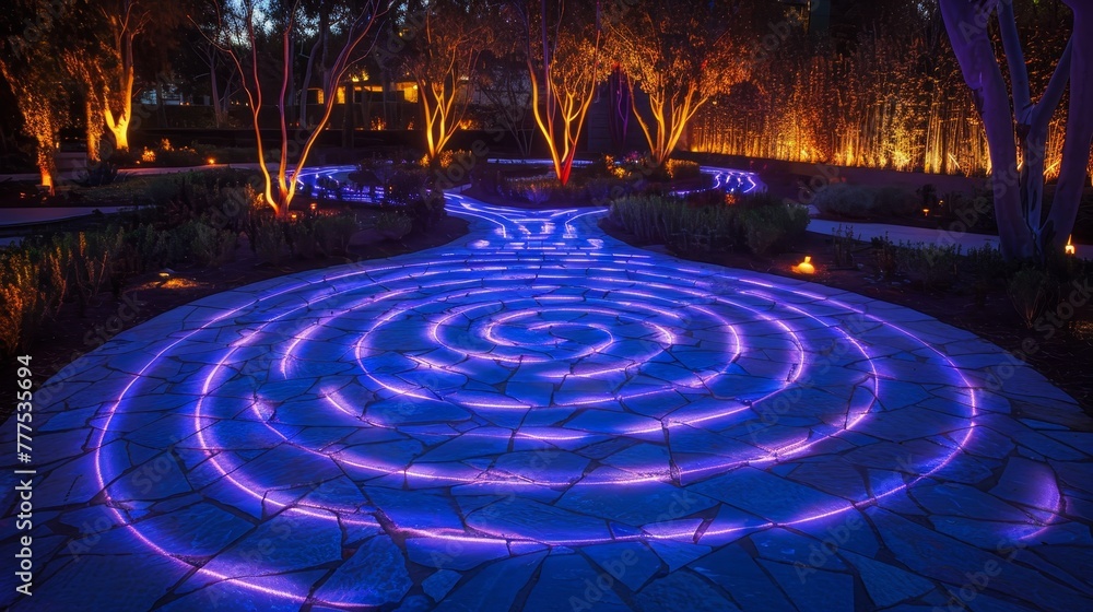 Poster a blue spiral path with lights on it. the path is surrounded by trees