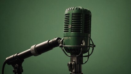Professional microphone on a green background with soft bokeh.
Concept: podcasts and radio shows, interviews or music recordings. vocal skills and musical equipment, recording and sound technology.
