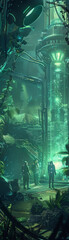 A group of explorers in a high-tech, subterranean research facility on an alien planet, bioluminescent flora and faunahyper realistic, low noise, low texture, futuristic style