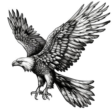 A black and white drawing of an eagle with its wings spread out