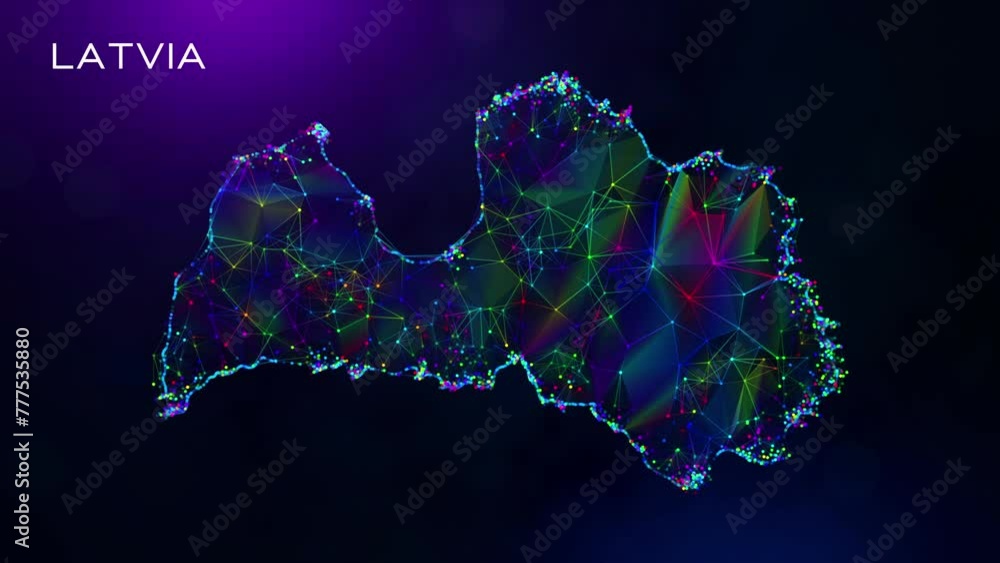Poster futuristic motion reveal latvia map polygonal blue purple colorful connected lines and dots network 