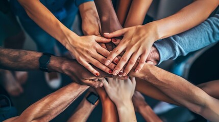 Top-down view of diverse hands together in a symbol of unity