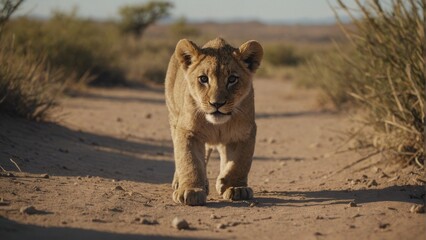 A lion cub walks along a deserted path, his gaze directed directly at the camera.
Concept: conservation and protection of animals, big cats. savannah, travel
