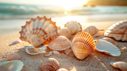 Fototapeta na wymiar Seashells on the beach. Seashore, marine, nautical, nature, summer vacation, summer time, summer beach.