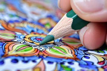 Fototapeta premium Female hand holds a green crayon and paints an anti-stress coloring book. Coloring book for adult. Mental health concept.