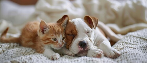 Hugging as best friends on the bed, puppy and kitten